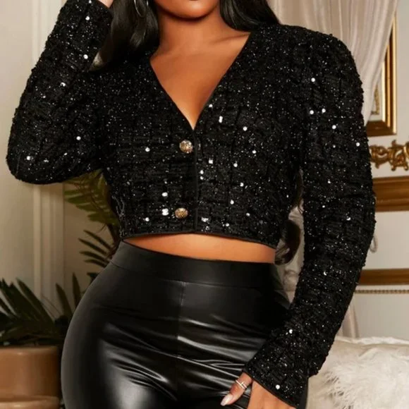 crop puff sleeve black sequin jacket - Picture 6 of 6